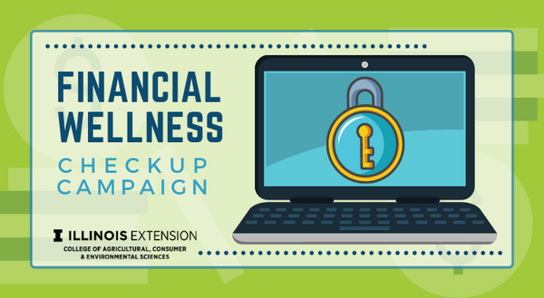 Financial Wellness Checkup Campaign text next to a black cartoon laptop computer with a padlock on the screen.