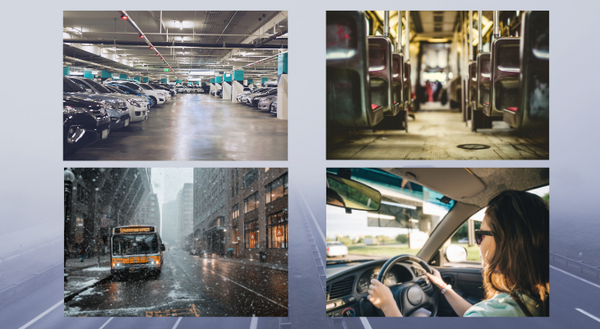 Four photos of either a bus or car