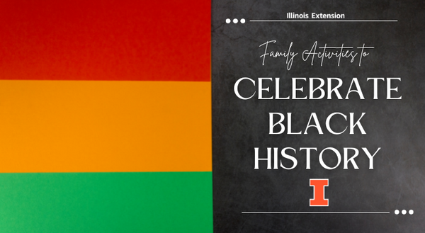 red, orange, green stipes with words over black rectangle: Celebrat Black History
