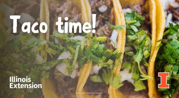 A row of tacos with text that says, 'taco time'.