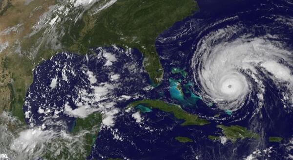 aerial photo of hurricane moving toward east coast of United States