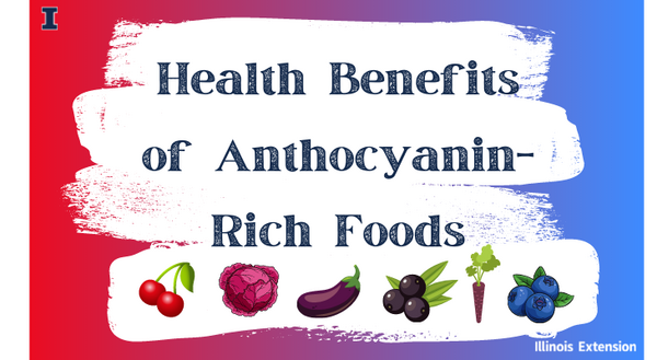 Health benefits of anthocyanin-rich foods with a red, blue, and purple background.
