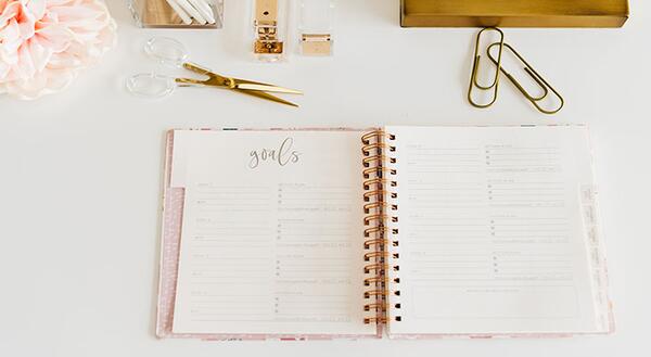a pink and gold planner sitting on a white desk. Planner is open to a page that says Goals.