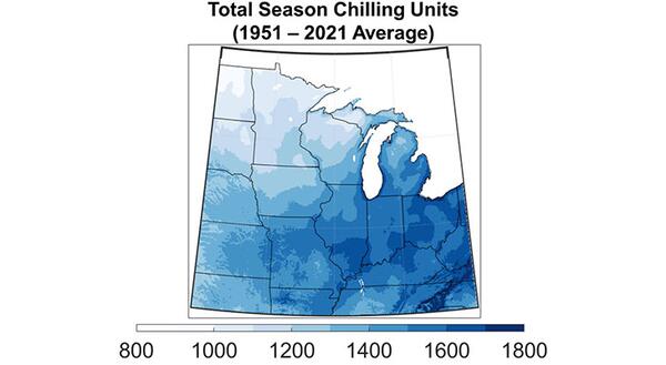 map of midwest showing gradients of blue to represent number of chilling units