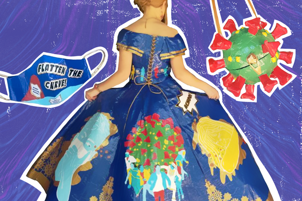 Graphic compilation of COVID-19 dress made of duct tape 