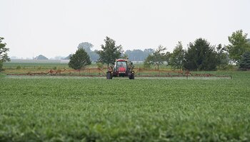 tractor spraying soybeans
