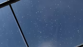 Hundreds of white dimples on clear plastic stretched over a high tunnel caused by the impact of hail.