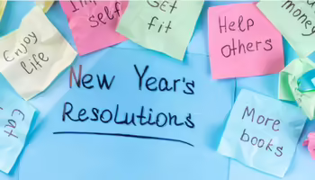 Text that says New Year's Resolutions with sticky notes that have resolutions on them.