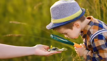 A boy with a magnifying glass looking at a bug 