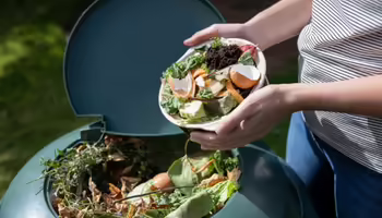 A person putting vegetable scraps into a composter 