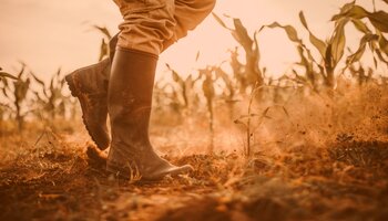 Man walking through corn field.