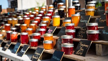 rows of homemade jam on shelves at a local outdoor market