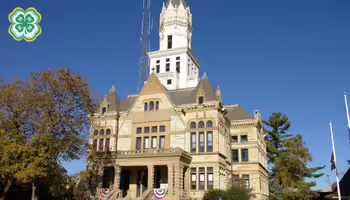 Jersey County Courthouse in Jerseyville. A green 4-H clover in upper left corner.