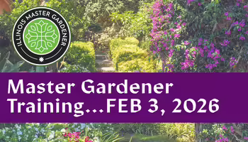 garden background with purple flowers, Master Gardener logo