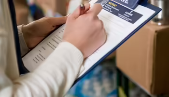 person holding clip board with form on it and filling it out