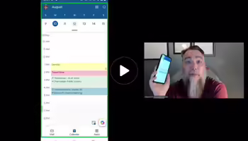 Screenshot of Zoom meeting showing Outlook mobile on left and a man holding a phone on the right