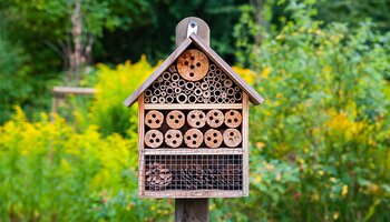 bee hotel made of wood and natural material in shape of a house