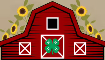 A barn with a 4-H clover logo on the center door and sunflowers behind it against a tan background.