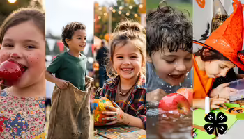Collage of kids at a fall festival eating a candy apple, sack racing, painting a pumpkin, bobbing for apples, and making crafts.