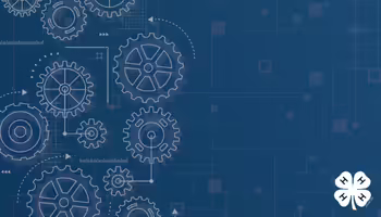 A graphic featuring gears on a blue background with a white 4-H logo in the bottom right corner.