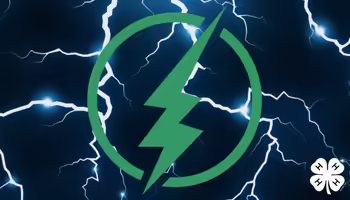 A green lightning bolt inside a green circle set against a background of blue and white electrical strikes, with a white 4-H logo in the bottom right corner.