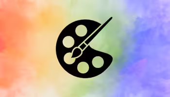 A watercolor rainbow with a paint palette and brush in middle of image.