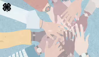 Illustration of diverse hands stacked together in unity, featuring the 4-H logo in the upper left corner.