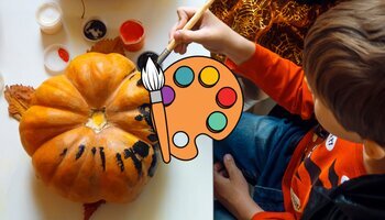 A child painting a pumpkin with a paint brush and palette in middle.