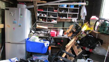 very cluttered storage area