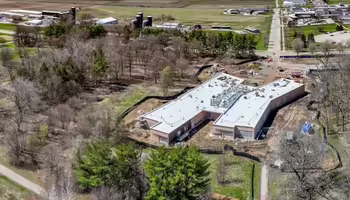drone view of the in-progress Doris Kelly Christopher Illinois Extension center on the south side of University of Illinois Urbana-Champaign campus