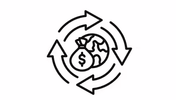 clip art circle of arrows with a money bag and globe in the center