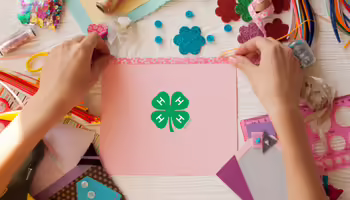Hands arranging tape on pink paper featuring a green 4-H emblem, surrounded by scrapbooking supplies like ribbon, colorful paper, sequins, and scissors.