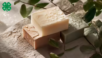 Colored bars of soap. A green 4-H clover in the upper left corner.