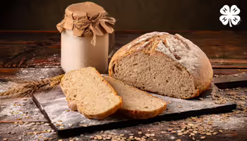 A loaf of sourdough bread with two slices cut, next to a jar of starter and a 4-H logo in the top right corner.