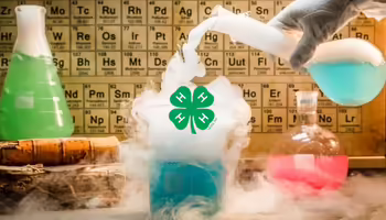 Laboratory beakers with colorful liquids and vapor in front of a periodic table, featuring a green 4-H emblem in the center.