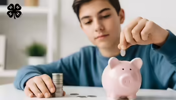 A boy putting a coin into a pink piggy bank, with a stack of coins beside it. A black 4-H clover in the upper left corner.