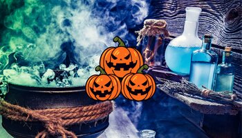 A cauldron with smoke coming out of it with science beakers around the cauldron. Orange Jack O'Lanterns in the middle.