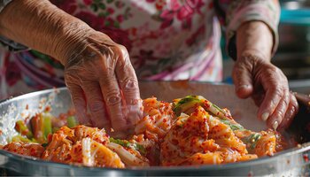 hands mixing and massaging kimchi to prepare for fermentation process.