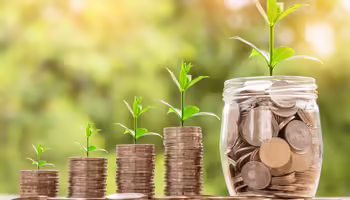 stacks of coins, growing, with plants on top of the coins