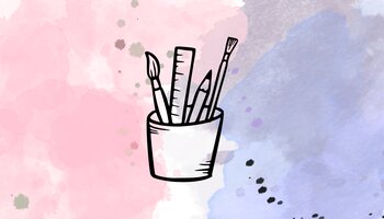 Water color background pink, gray and purple colors with a paint brush, ruler, pencil, and small paint brush in the middle.