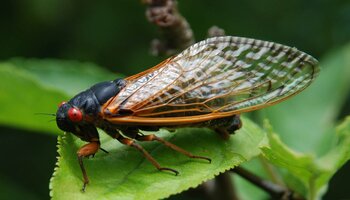adult periodical cicada on a green leaf