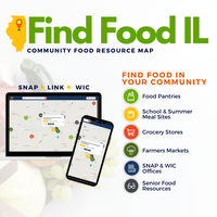 words find food illinois community food map with the picture of a cell phone and tablet and the words snap, link, and wic