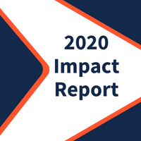 white arrow with a orange outline on a blue background with text 2020 impact report