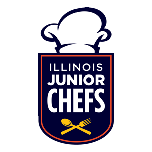 navy blue shield with Illinois Junior Chefs printed on it and chef hat on top