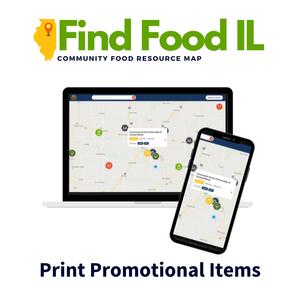 White background with words "Find Food IL" in green next to small yellow state of Illinois. Displays map on mobile and tablet screens.