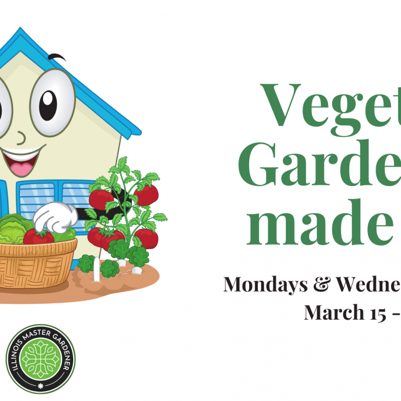 Cartoon house with vegetables, text saying Vegetable Gardening Made Easy, Mon & Wed 10 am, March 15-31 via Zoom