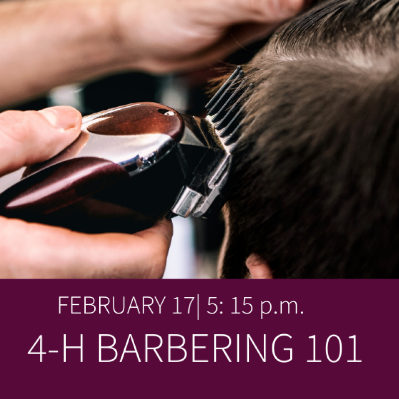 text "Lockhart's Barber College" in red with white background, hands holding clippers and cutting hair, 4-H clover, text "February 17 5:15 p.m. 4-H Barbering 101" in white with maroon background