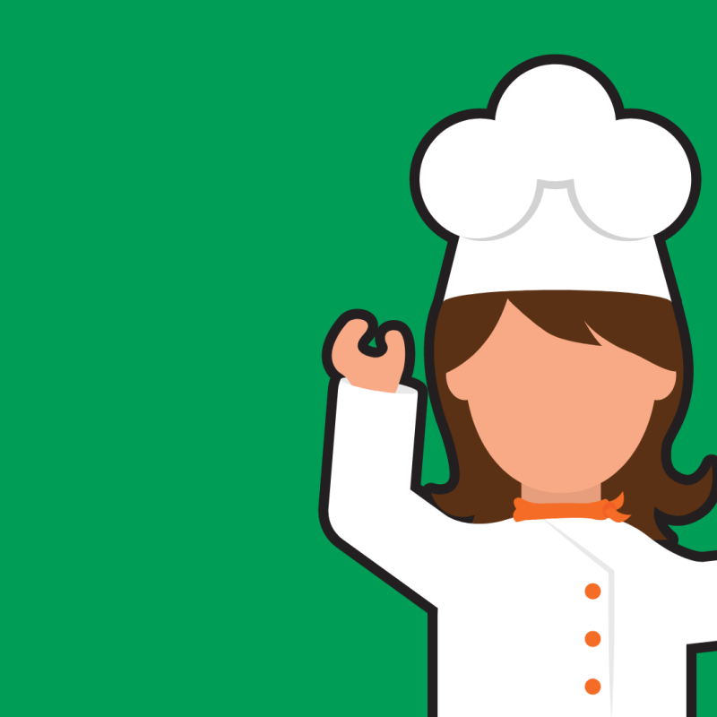 A woman wearing a chefs hat and holding a spoon up. 