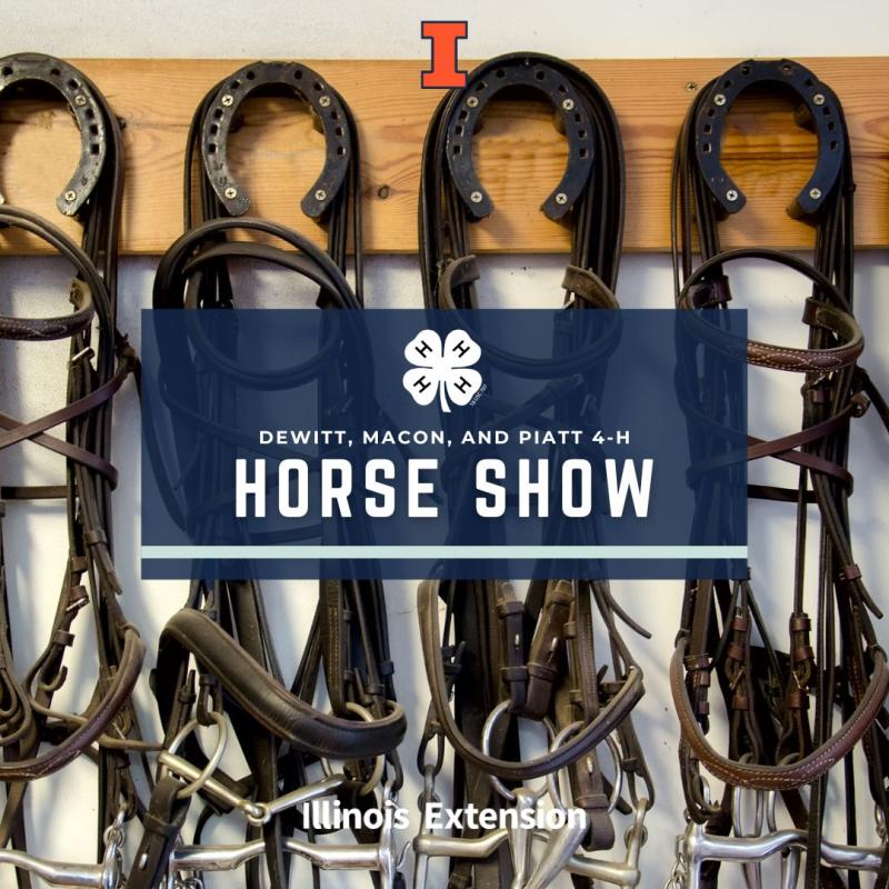 Seven bridles and reins hanging on wooden board. Text reads DeWitt, Macon and Piatt 4-H Horse Show.