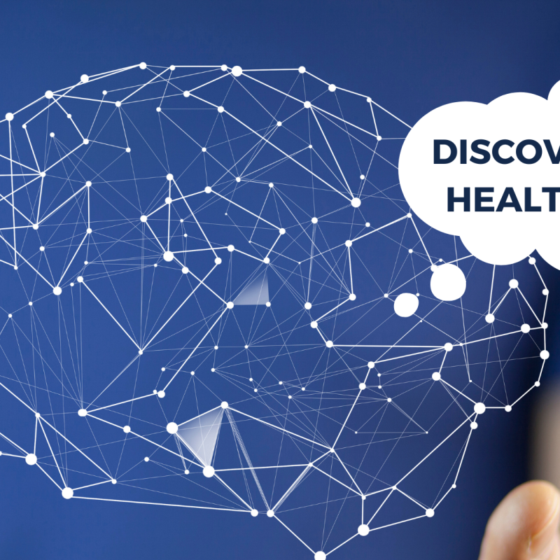 outlinted brain with text bubble coming from brain that says discover brain health series
